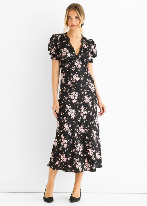 Zwarte midi-jurk met bloemenkant en schuine zoom - Image 1