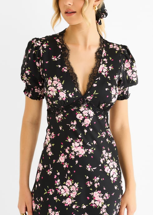 Zwarte midi-jurk met bloemenkant en schuine zoom - Image 2