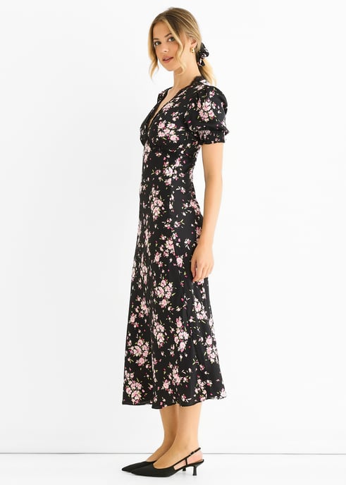 Zwarte midi-jurk met bloemenkant en schuine zoom - Image 3
