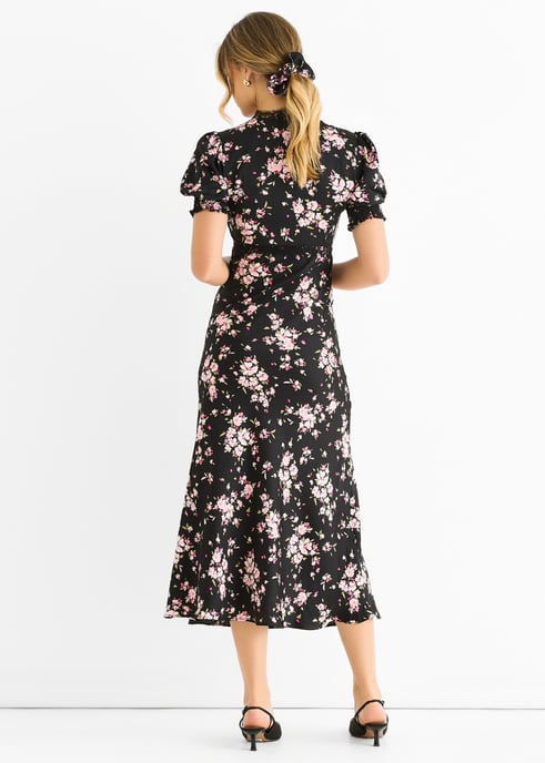Zwarte midi-jurk met bloemenkant en schuine zoom - Image 4