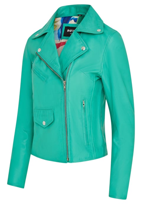 Dames Aqua Blue Classic Brando Biker leren jack - Secunda - Image 4