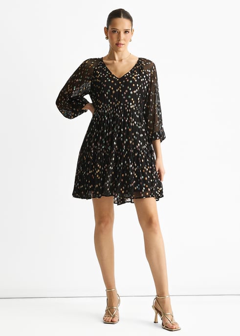 Zwarte veelkleurige viscose mini-jurk met geknipte jacquard en laagjes - Image 1