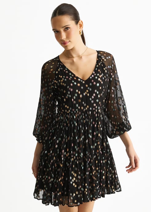 Zwarte veelkleurige viscose mini-jurk met geknipte jacquard en laagjes - Image 3