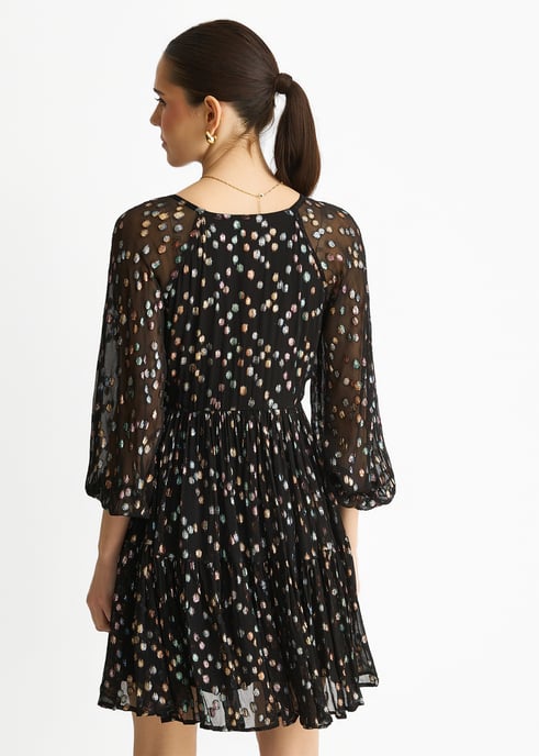 Zwarte veelkleurige viscose mini-jurk met geknipte jacquard en laagjes - Image 4