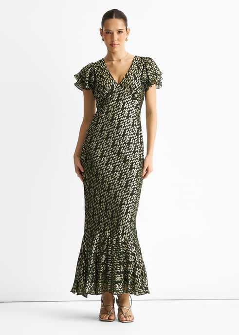 Donkergroene viscose maxi-jurk met geknipte gouden jacquard en schuine snit - Image 1