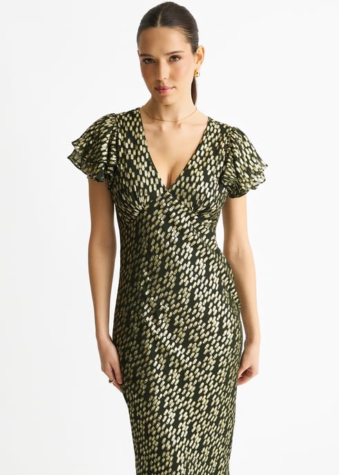 Donkergroene viscose maxi-jurk met geknipte gouden jacquard en schuine snit - Image 2