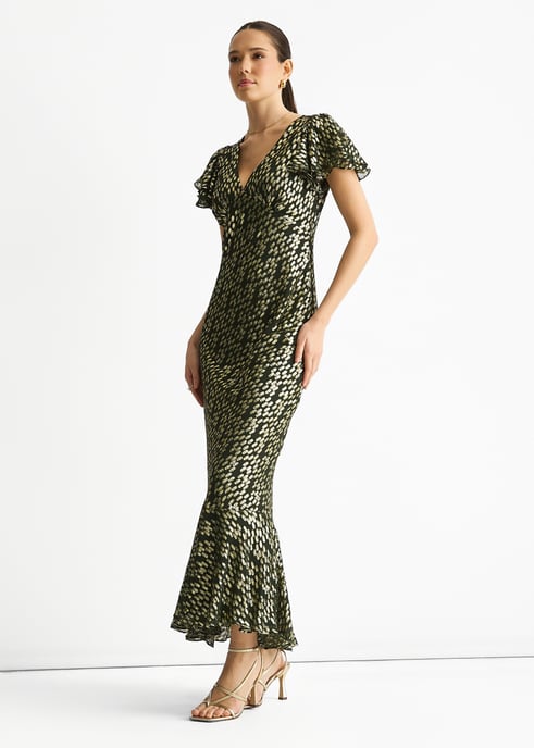 Donkergroene viscose maxi-jurk met geknipte gouden jacquard en schuine snit - Image 3