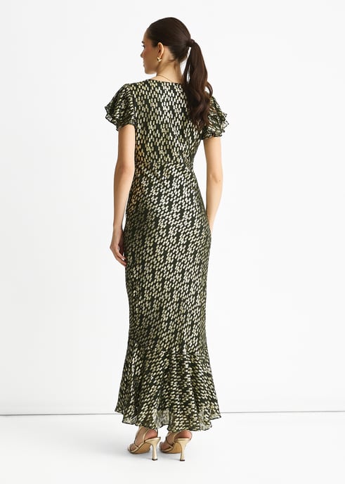 Donkergroene viscose maxi-jurk met geknipte gouden jacquard en schuine snit - Image 4