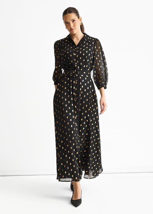 Zwarte chiffon maxi-shirtjurk met ceintuur - Image 1