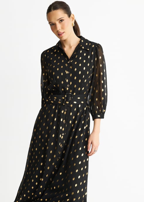 Zwarte chiffon maxi-shirtjurk met ceintuur - Image 3