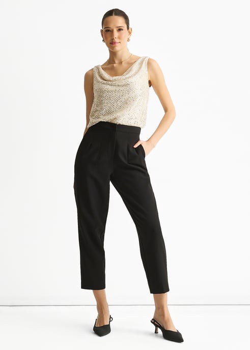 Champagnekleurige cami-top met pailletten en cowl neck - Image 1