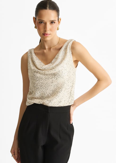 Champagnekleurige cami-top met pailletten en cowl neck - Image 3