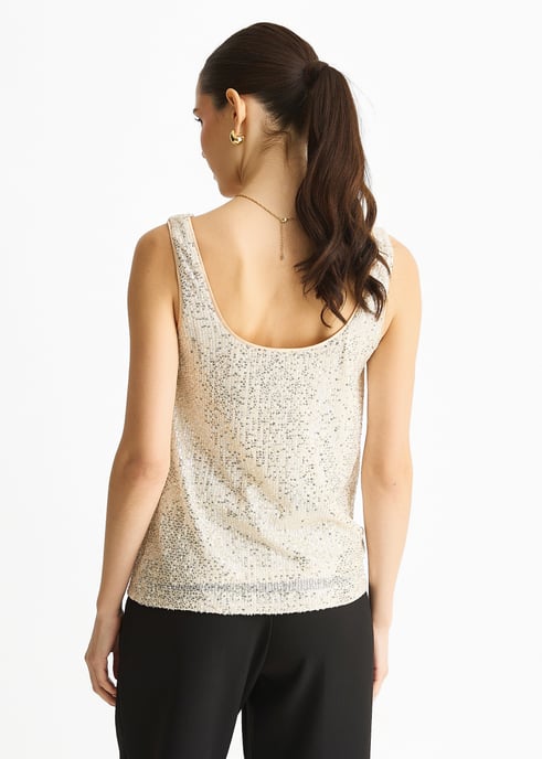 Champagnekleurige cami-top met pailletten en cowl neck - Image 4