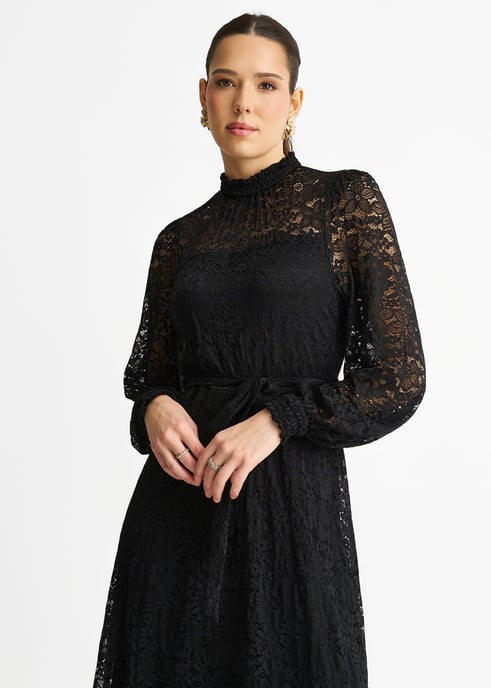 Zwarte midi-jurk met hoge hals, jersey en kant voor speciale gelegenheden - Image 2
