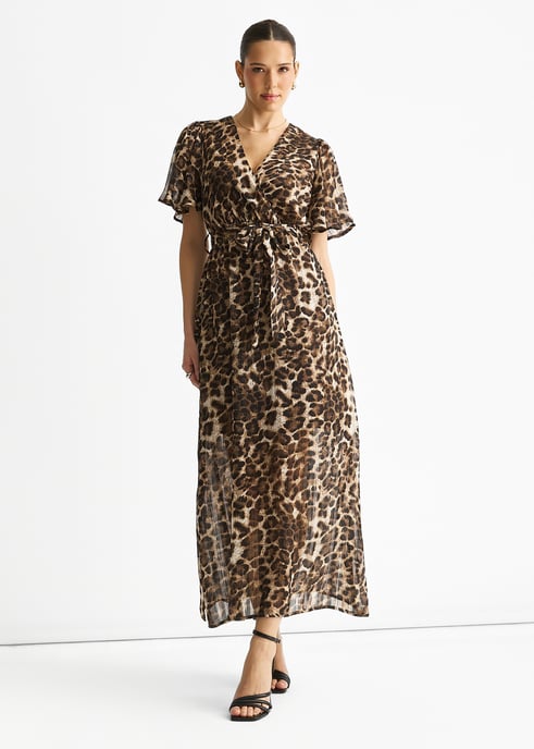 Bruine chiffon midi-jurk met dierenprint en lurexstrepen - Image 1
