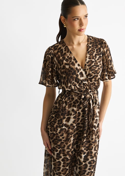 Bruine chiffon midi-jurk met dierenprint en lurexstrepen - Image 2
