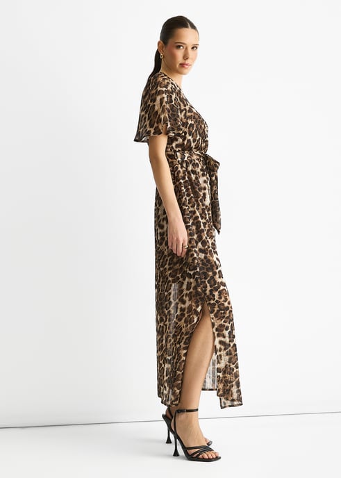 Bruine chiffon midi-jurk met dierenprint en lurexstrepen - Image 3