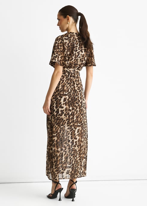 Bruine chiffon midi-jurk met dierenprint en lurexstrepen - Image 4
