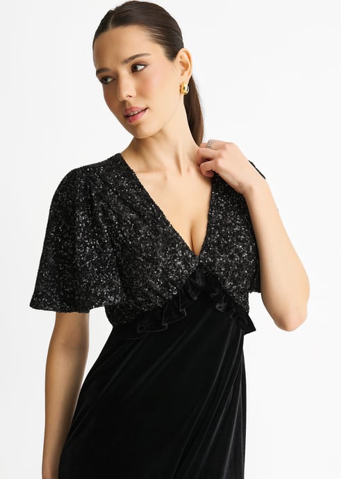Zwarte sequintop Premium fluwelen midi-jurk voor speciale gelegenheden - Image 2