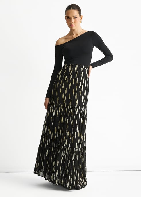 Zwarte geknipte jacquard gelaagde maxi-rok - Image 1