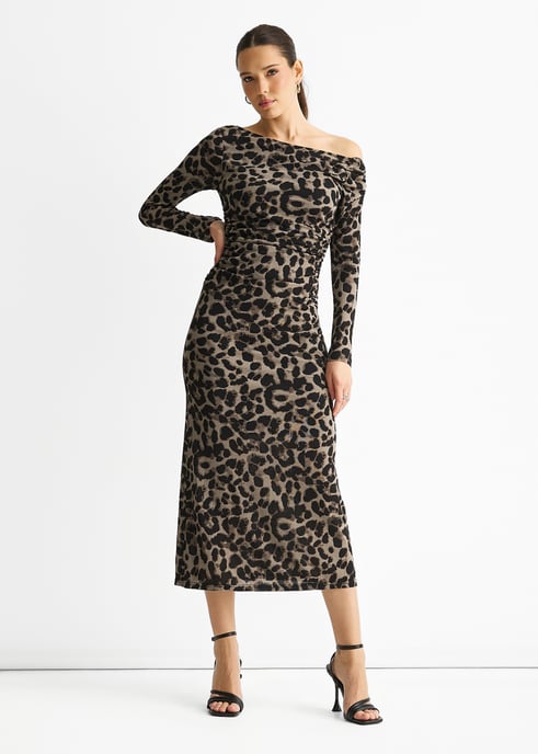 Grijze jersey midi-jurk met dierenprint en één schouder - Image 3