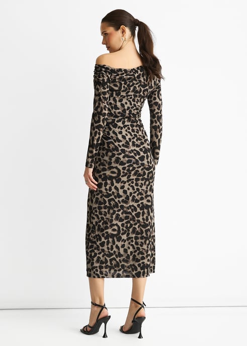 Grijze jersey midi-jurk met dierenprint en één schouder - Image 4