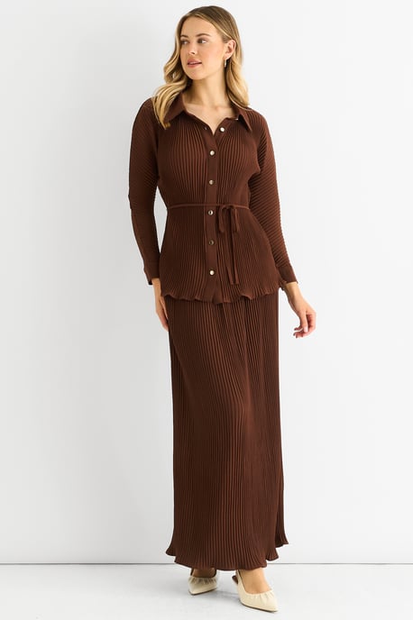Chocoladekleurige plissé maxi-rok met elastische tailleband - Image 1