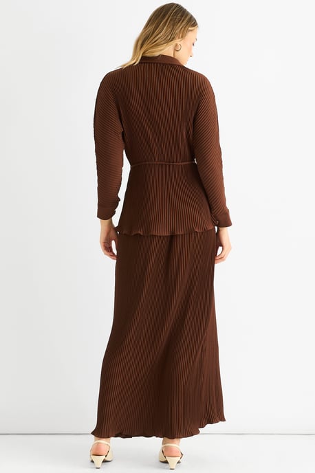Chocoladekleurige plissé maxi-rok met elastische tailleband - Image 4
