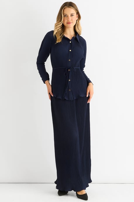 Marineblauwe plissé maxi-rok met elastische tailleband - Image 1