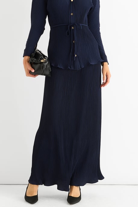 Marineblauwe plissé maxi-rok met elastische tailleband - Image 2