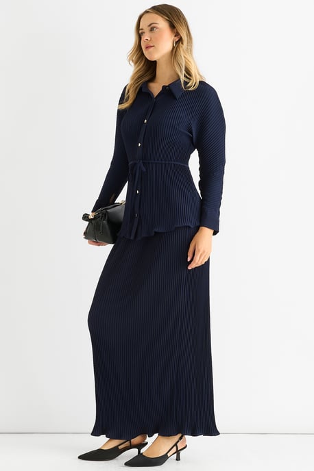 Marineblauwe plissé maxi-rok met elastische tailleband - Image 3