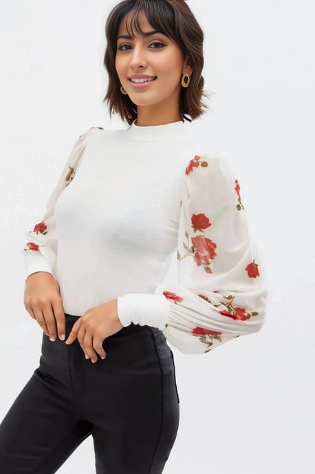 Floral Mesh Puff Sleeve Top - Image 1