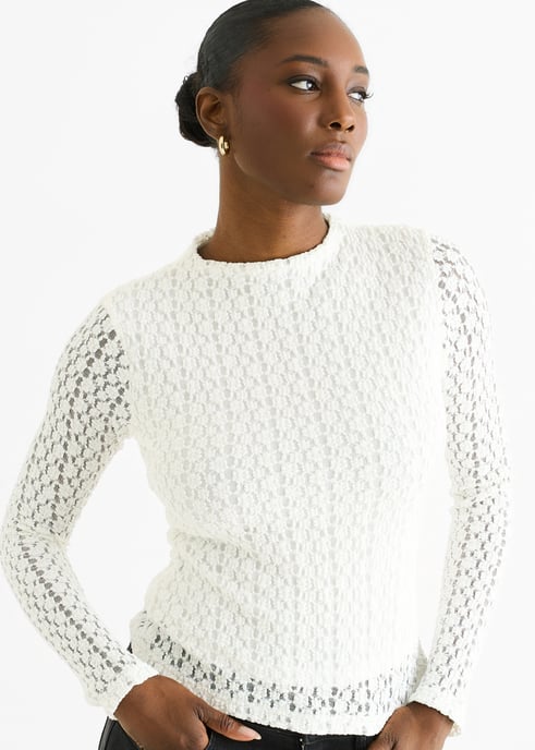 Witte top met hoge hals, jersey en kanten lange mouwen - Image 2