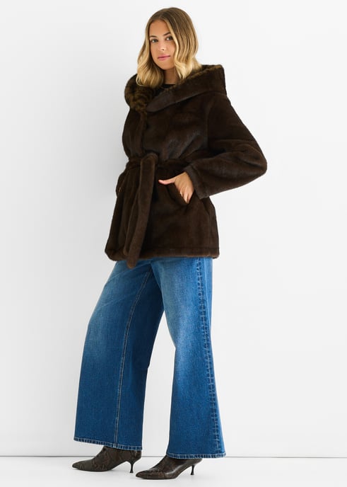 Chocoladebruine premium contrast revers capuchon jas van imitatiebont - Image 3