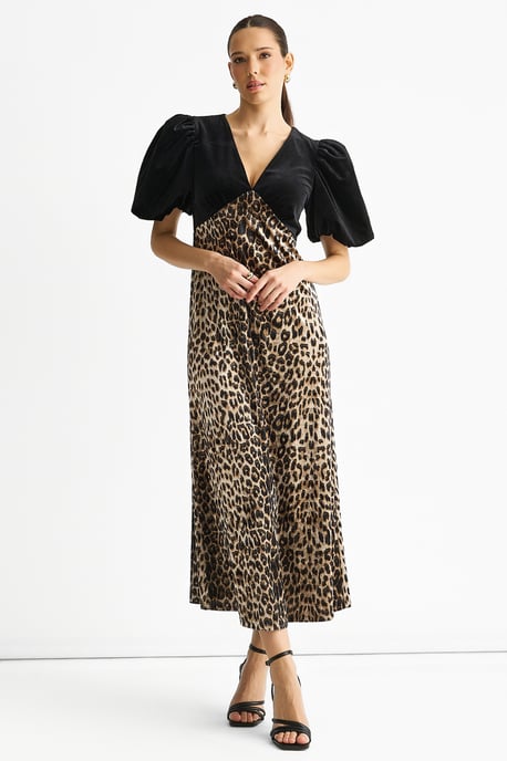 Zwarte midi-jurk met contrasterende top van fluweel met dierenprint - Image 1