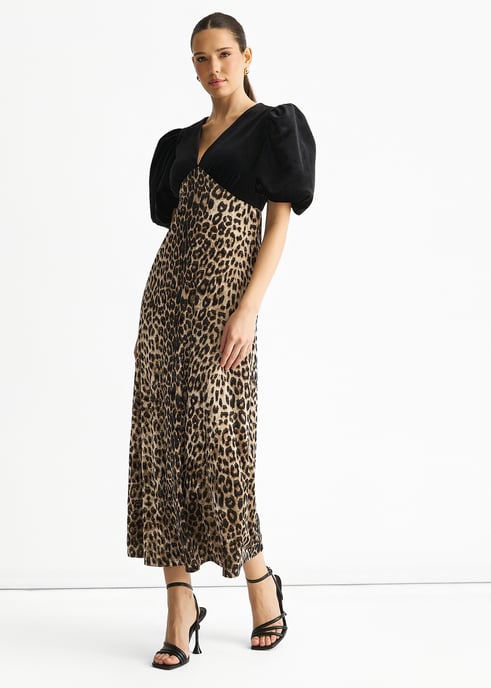 Zwarte midi-jurk met contrasterende top van fluweel met dierenprint - Image 3