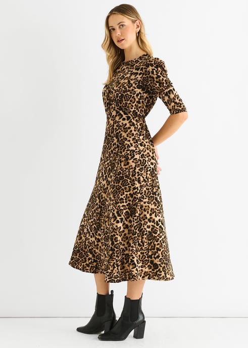 Bruine midi-jurk met dierenprint van satijn - Image 3