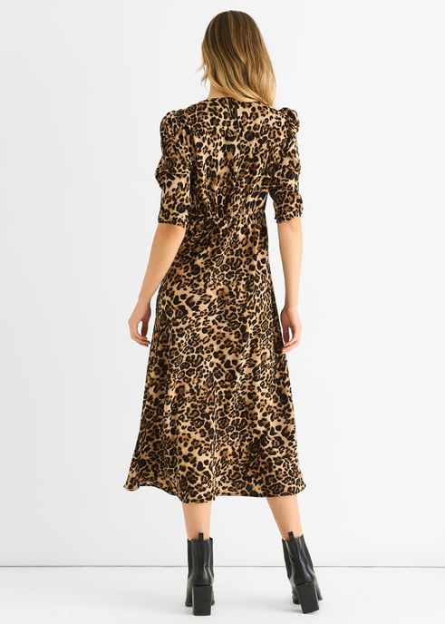 Bruine midi-jurk met dierenprint van satijn - Image 4