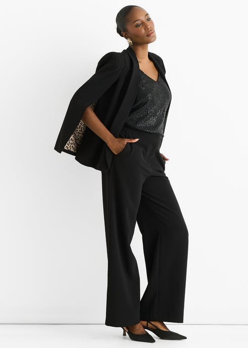 Zwarte cape-blazer met contrasterende dierenprint voering - Image 3