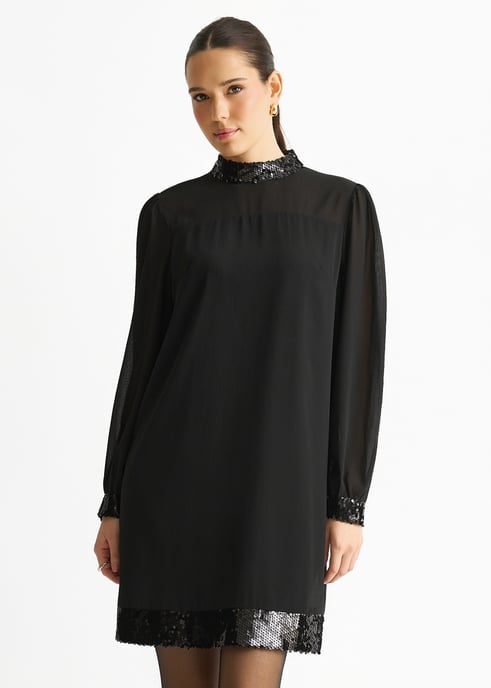 Zwarte mini-jurk met hoge hals, paillettenrand en ceintuur - Image 2