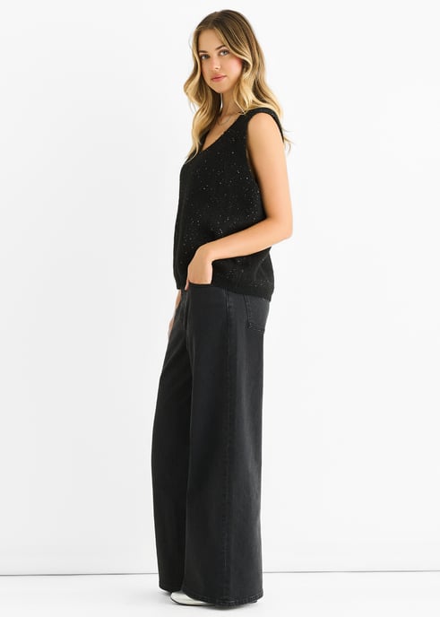 Zwarte glittervest met V-hals en sequins - Image 3