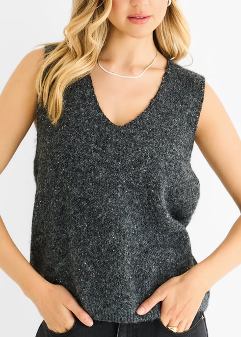 Grijze glitter V-hals vest gebreide trui - Image 2