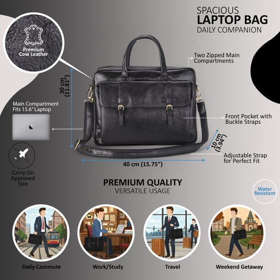Echte leren laptoptas in zwart, met schoudertas van Satchel Messenger - Belmont - Image 2