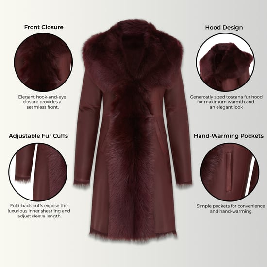 Dames Trenchcoat met capuchon van bordeauxrood Toscaanse schapenvacht - Coast - Image 3