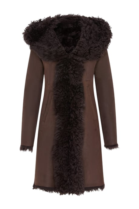 Dames bruine Toscaanse schapenvacht leren trenchcoat met capuchon - Coast - Image 1