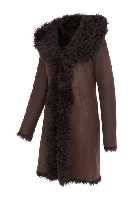Dames bruine Toscaanse schapenvacht leren trenchcoat met capuchon - Coast - Image 2