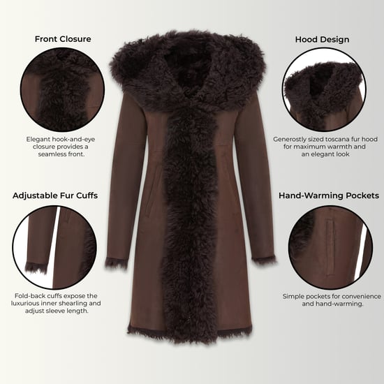 Dames bruine Toscaanse schapenvacht leren trenchcoat met capuchon - Coast - Image 3