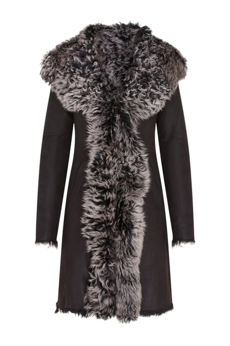 Dames zwarte Toscaanse schapenvacht leren trenchcoat met capuchon - Coast - Image 1