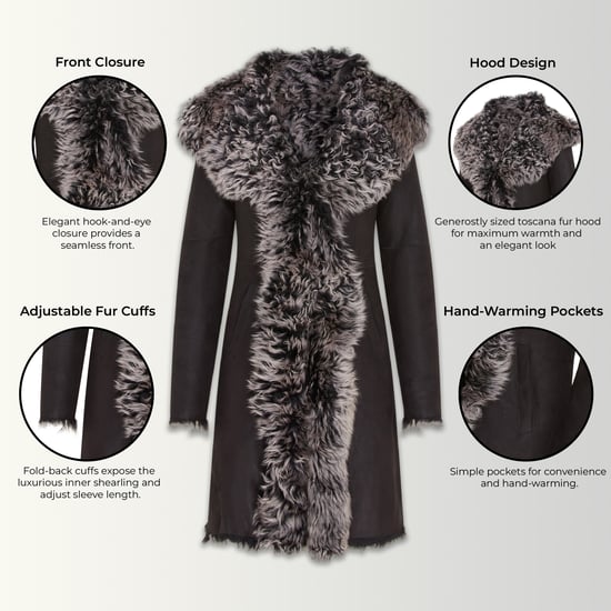 Dames zwarte Toscaanse schapenvacht leren trenchcoat met capuchon - Coast - Image 3