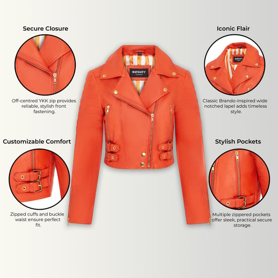 Dames Brando Cropped Oranje Leren Jas - Longtown - Image 3